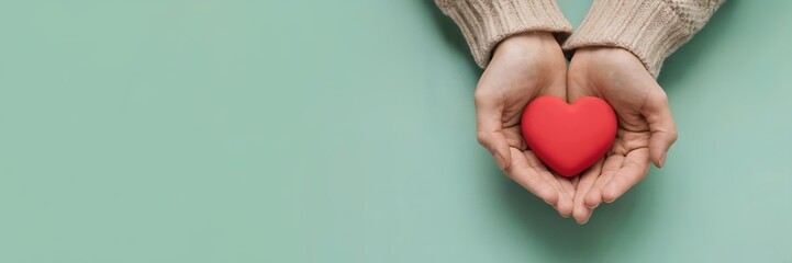Hands holding a red heart on a minimalist teal background