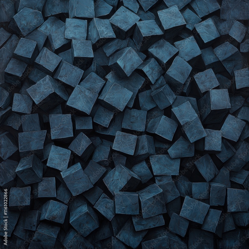 Poster dark textured background with randomly placed cubes in blue tones