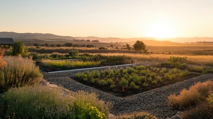 Naklejka premium Lush garden landscapes bathed in warm sunlight, showcasing vibra