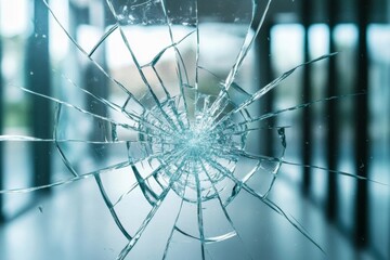 Close-up view of a damaged office window with shattered glass - vandalism or accident concept captured