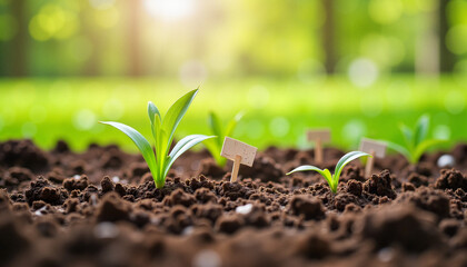 Fototapeta premium Newly sprouted grass seeds growing in spring backyard garden, renewal