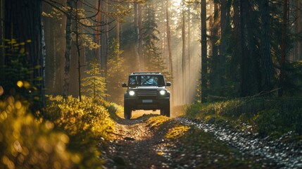Vehicle driving forest path with light rays.