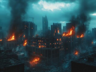 Obraz premium Eerie Post-Apocalyptic Urban Landscape with Smoldering Ruins and Distant Explosions in Haunting Cinematic Atmosphere