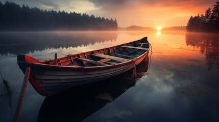 Obraz premium Long exposure of moving boats on a lake , golden hour lighting, empty space on the left for text,generative ai illustration