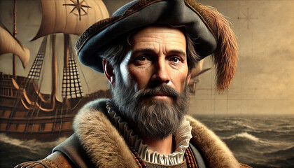 personnage d'explorateur de la renaissance, inspir&eacute; de Ferdinand Magellan