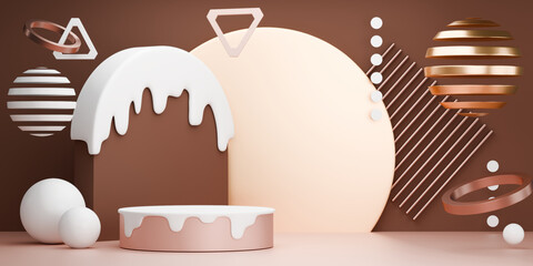 mocha tone Fashion product background stand podium display with blank backdrops.