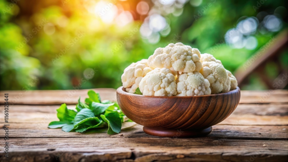 Aufkleber freshly harvested cauliflower florets in a wooden bowl on rustic wooden tabletop with greenery and a