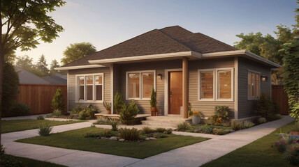 A one-floor bungalow with a warm, inviting living room, two bedrooms, a full kitchen, and a backyard garden with a small patio.

