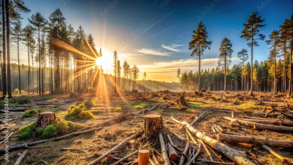 Poster a golden sunset illuminates a forest clearing, revealing the aftermath of logging, where stumps and 