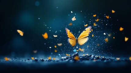 Fototapeta premium Cascade of butterflies emerging from cracked earth symbolizes hope and regeneration in a vibrant display