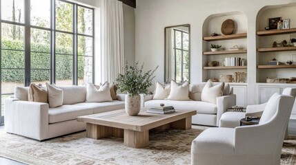 Inviting Transitional Living Room with Plush Seating, Textural Accents, and Classic Charm Captured in Natural Light