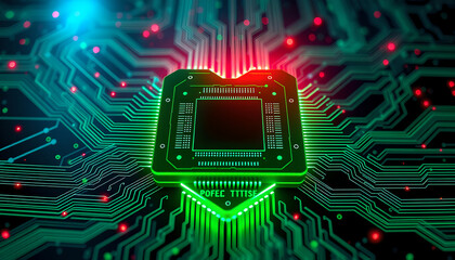abstract close-up of a glowing green cpu chip on a circuit board. perfect for tech, ai, and digital concepts. high-resolution image ideal for backgrounds or design elements.