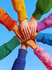 Minimal pastel-toned illustration of a group of friends holding hands in a circle, symbolizing unity and mutual support, with a clear blue sky.