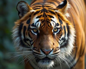 Fototapeta premium Majestic Sumatran Tiger Closeup Intense Gaze Dark Background