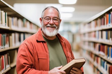 Elderly Man Volunteering at Community Library: Active Senior Citizen Engaged in Library Volunteering Efforts