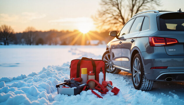 Car parked with winter emergency kit in snowy landscape at dawn