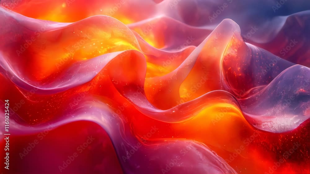 Poster a close-up view of fluid, fabric-like waves in red and orange hues with sparkling details, evoking w
