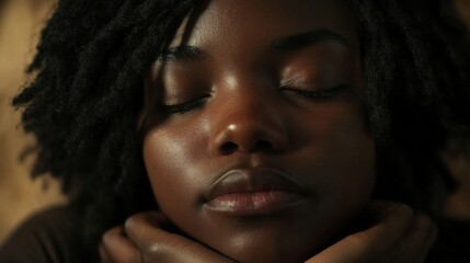 Fototapeta premium Portrait of a distressed African American woman showing signs of depression and mental health struggles in a dark studio