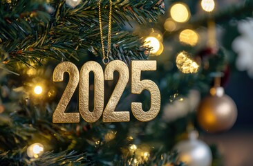 Close-up of the number "2025" hanging on a Christmas tree, with golden numbers against a blurred background of lights and bokeh, creating a cozy home atmosphere. Ai