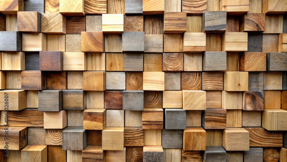 Fototapete A wall composed of a grid of various sized wooden blocks, each a unique shade and grain pattern, creating a visually engaging and textural backdrop.