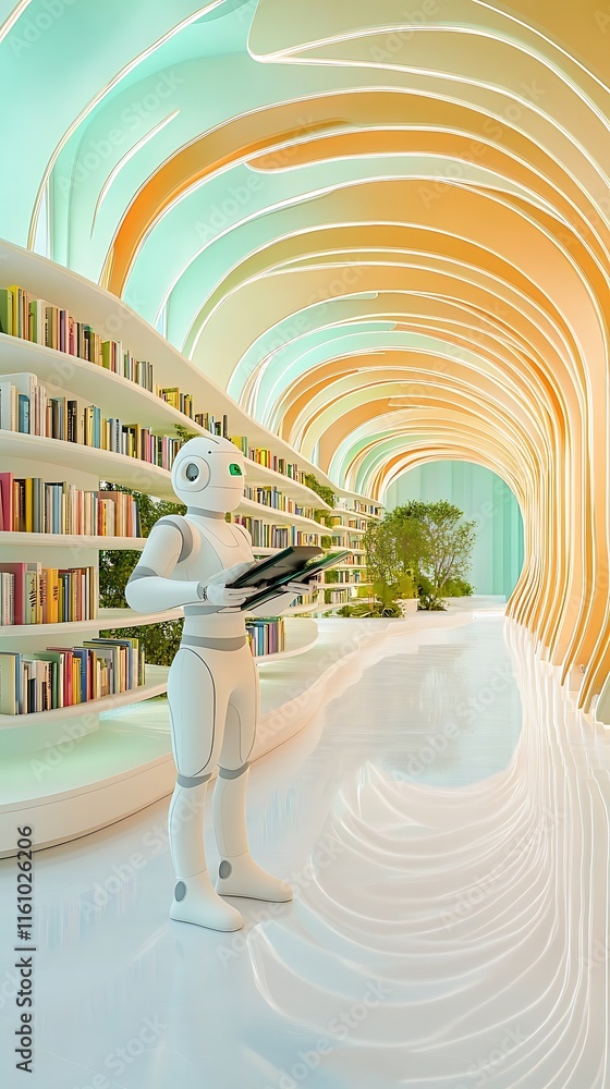 Poster modern library with robotic assistant in a stylish space featuring curved shelves and vibrant colors