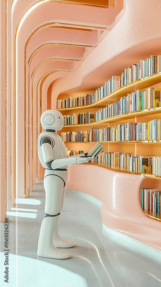 Poster a humanoid robot standing in a modern library filled with colorful books, exploring the shelves in a