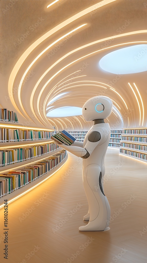Poster futuristic library with a robot reading a book in a modern interior space featuring curved shelves a