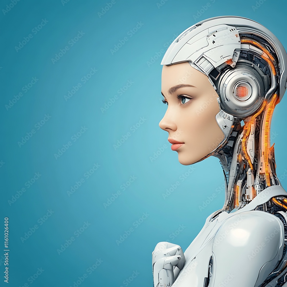 Poster futuristic humanoid robot with advanced technology design, showcasing intricate mechanical features 