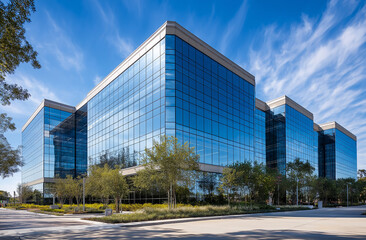 office buildings with glass facades reflecting the clear blue sky, symbolizing innovation and technology in business