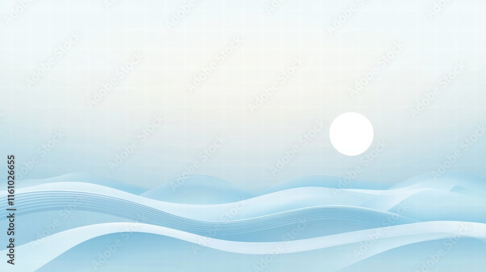 Poster stylized sun rising over soft waves with horizon line providing ample space for text. generative ai