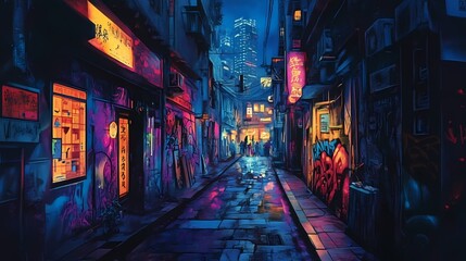 Fototapeta premium Cyberpunk Alleyway: Neon Nights in the City