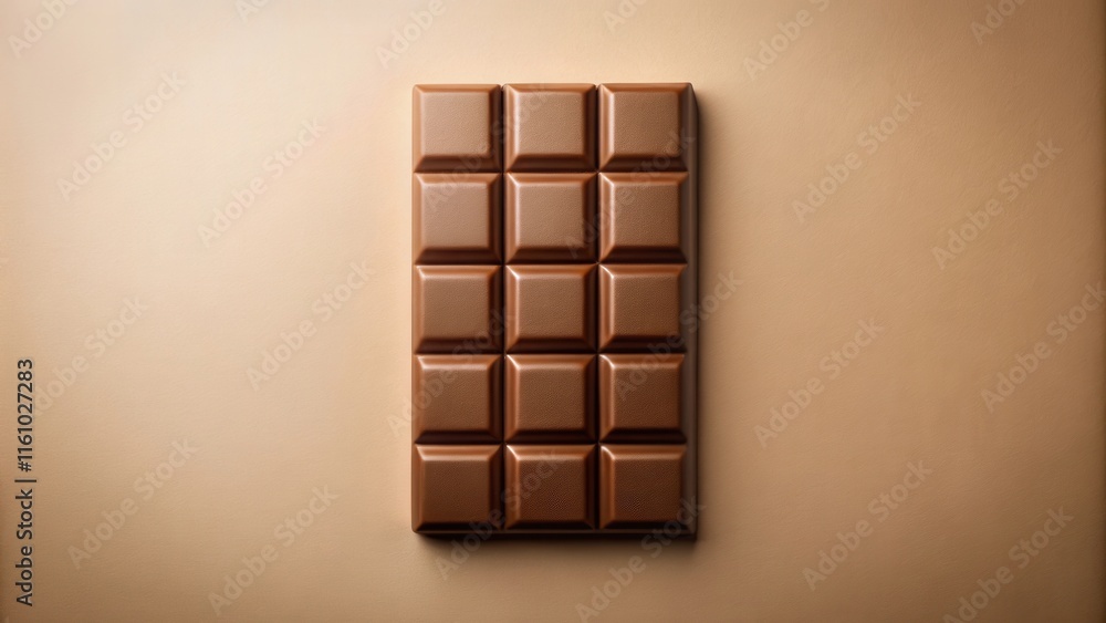Poster A single chocolate bar with a smooth, rich brown color lies on a beige background, featuring a pattern of rectangular squares, highlighting its texture and inviting indulgence.