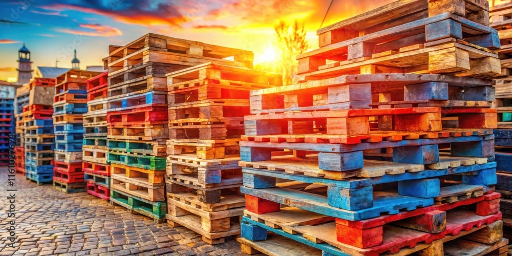 Poster a colorful stack of wooden pallets against a vibrant sunset sky with a cobblestone background