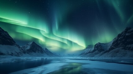 Fototapeta premium Long exposure of the Northern Lights in the sky, golden hour lighting, empty space on the left for text,generative ai illustration