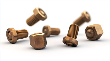 Nuts and bolts falling on a white background