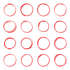 Set of red highlight circles. Set of hand drawn doodle circle. Collection of different drawn marker elements. Red circle, pen draw. Vector illustration.