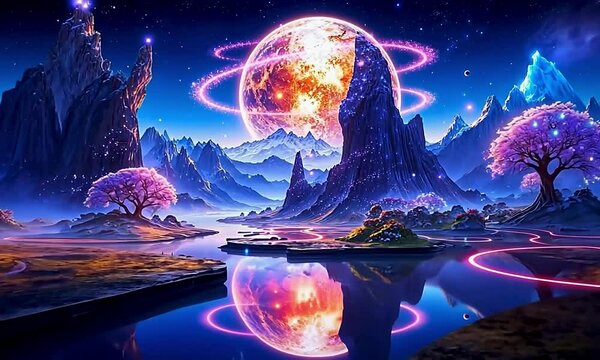 Surreal beautiful background scene of an imaginary journey in a fantasy world with surreal landscape with magical elements, such as stars, mountains and giant planet
