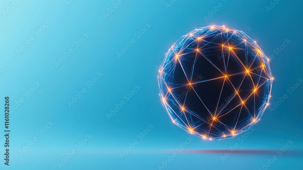 Poster abstract representation of a glowing network sphere on a blue background.