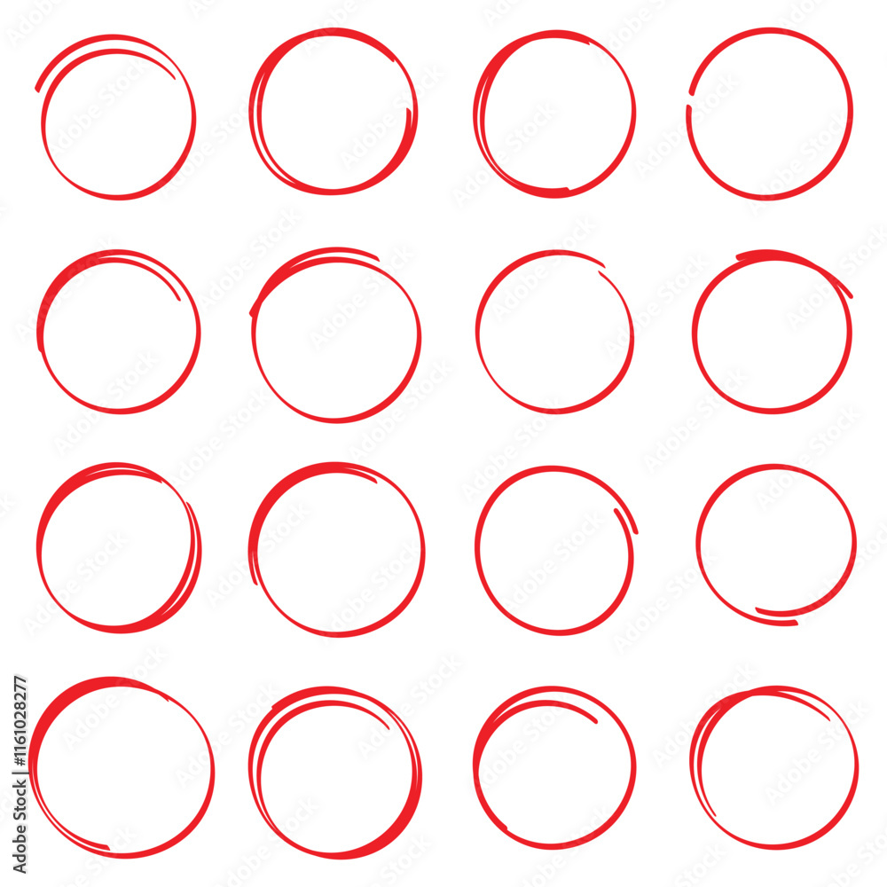 Poster set of red highlight circles. set of hand drawn doodle circle. collection of different drawn marker 