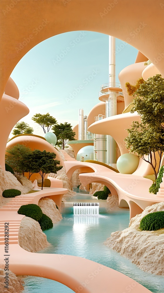 Poster serene futuristic landscape with flowing water, organic forms and soft colors in a dreamlike setting