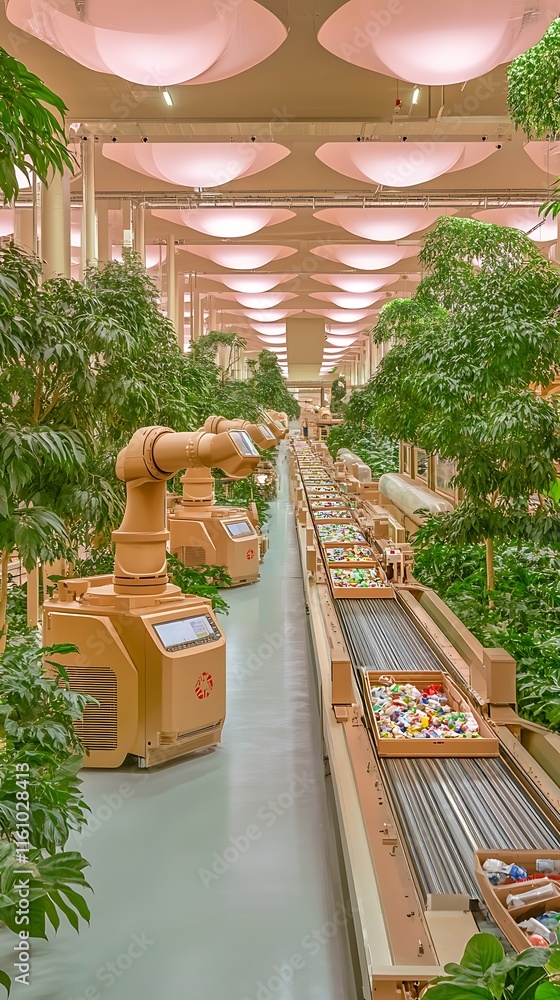 Poster advanced robotic sorting system in a lush green indoor garden with conveyor belts and innovative tec