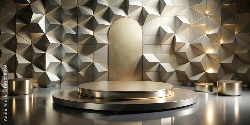 Poster a golden podium with a geometric backdrop and subtle lighting