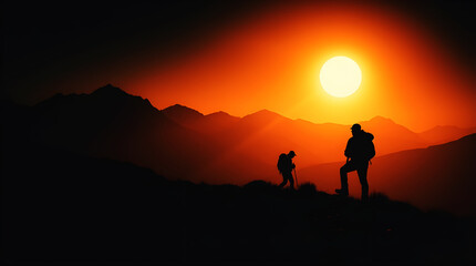 Fototapeta premium A social media post depicting a hiking trip in a dramatic cinematic style using contrasting chiaroscuro lighting and a modern flat design, featuring simple two-dimensional shapes, strong contrasts