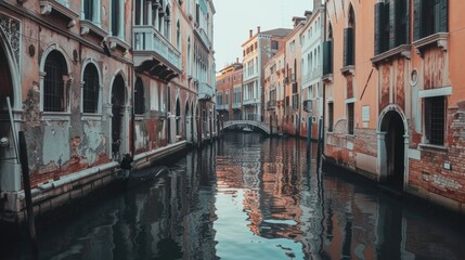 Fototapeta premium Canal view of old, weathered buildings in Venice reflecting on water.