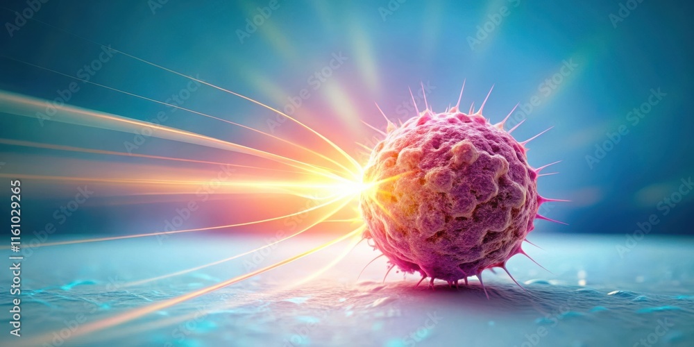 Poster a microscopic view of a cell with a glowing light emanating from its center, a representation of the