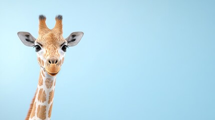 Obraz premium A close-up of a giraffe against a light blue background.