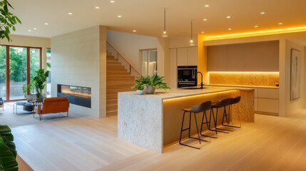 A bright, contemporary open kitchen with a natural stone island, minimal bar stools, and integrated lighting