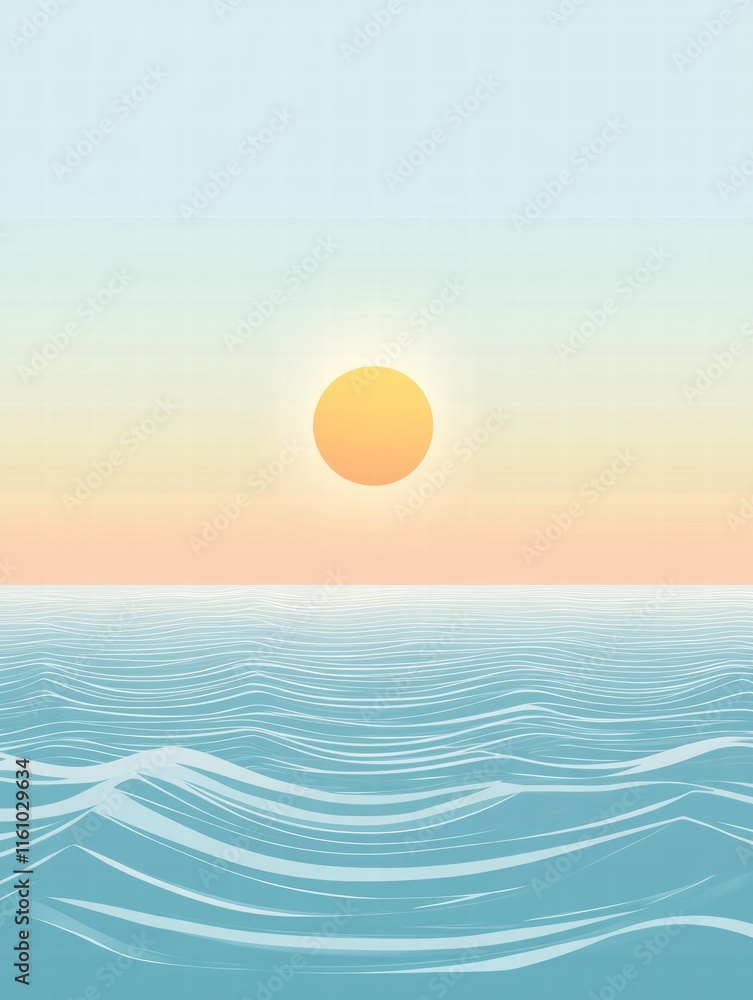 Poster stylized sun rising over soft waves at horizon with ample copy space for text. generative ai