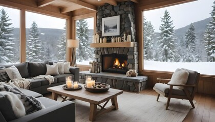Fototapeta premium Cozy Living Room with Winter Décor and a Picturesque Snowy View Through Large Windows