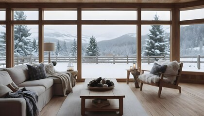 Cozy Living Room with Winter Décor and a Picturesque Snowy View Through Large Windows